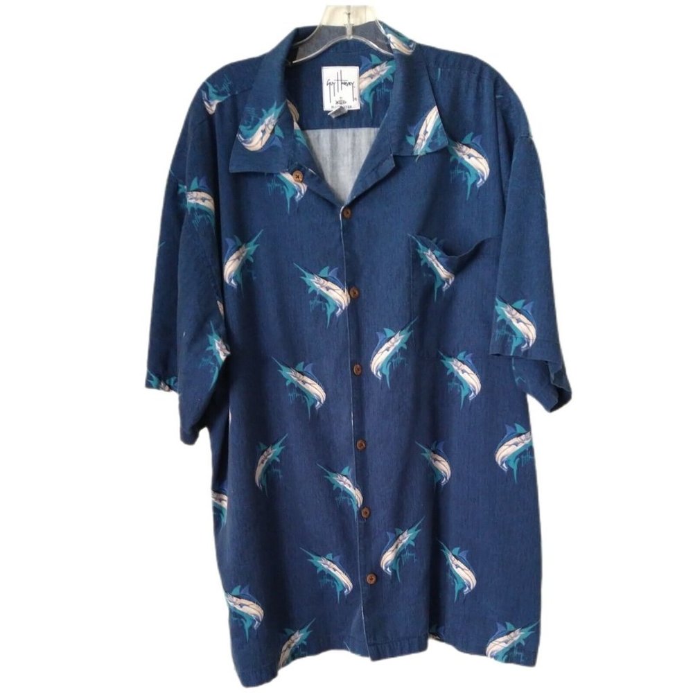 Guy Harvey By Afico Bluewater 2X Blue Marlin Fish Button Up Shirt
